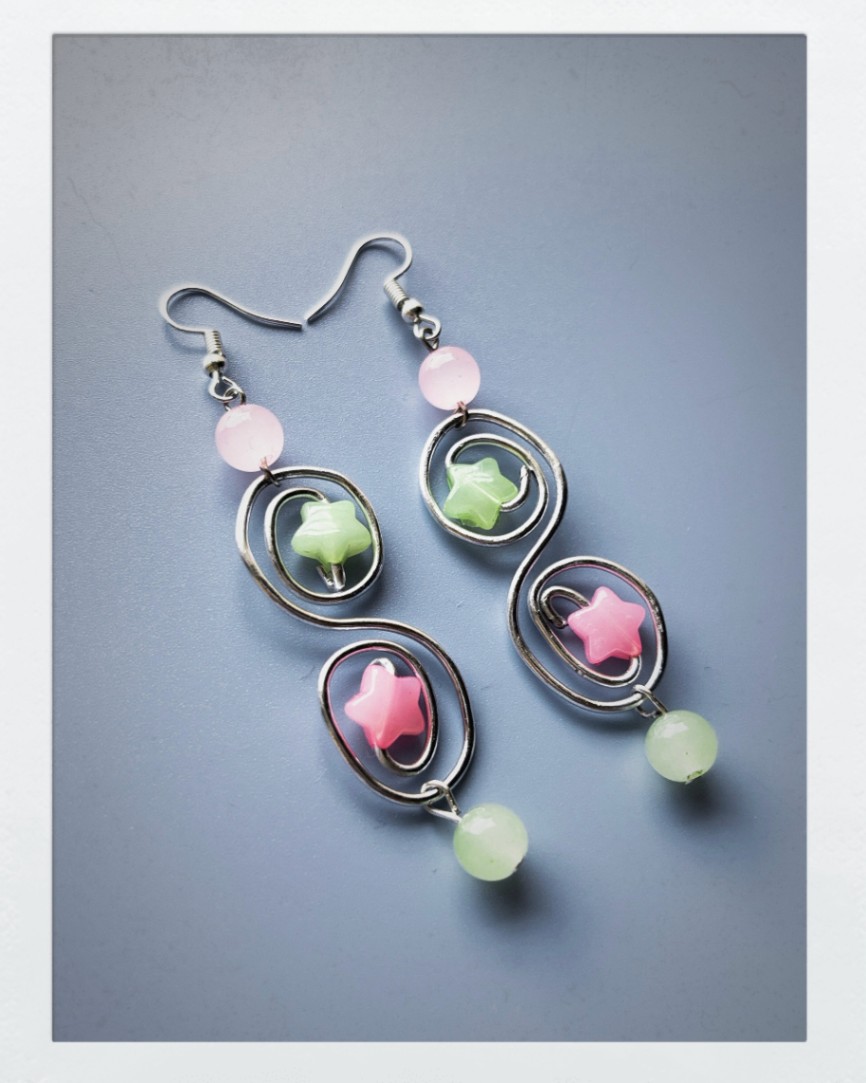 Dreamy Celestial Pink & Mint Star Spiral Dangle Earrings
