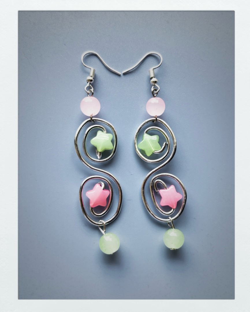 Dreamy Celestial Pink & Mint Star Spiral Dangle Earrings thumbnail 4